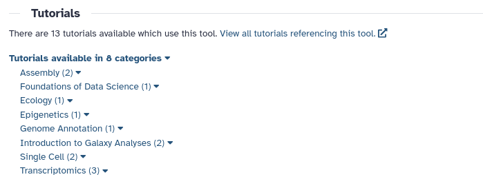 section in the Galaxy Tool Form titled 'Tutorials' listing all 13 GTN tutorials which use the cat tool