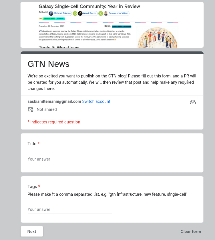 A screenshot of the GTN Google Form for news contributions. The form is titled 'GTN News' and has fields for 'Title', with a screenshot of a galaxy single cell news post as the header image.
