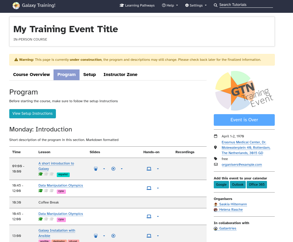 A screenshot of a GTN event page showing the program tab. It looks very similar to GTN topic pages.