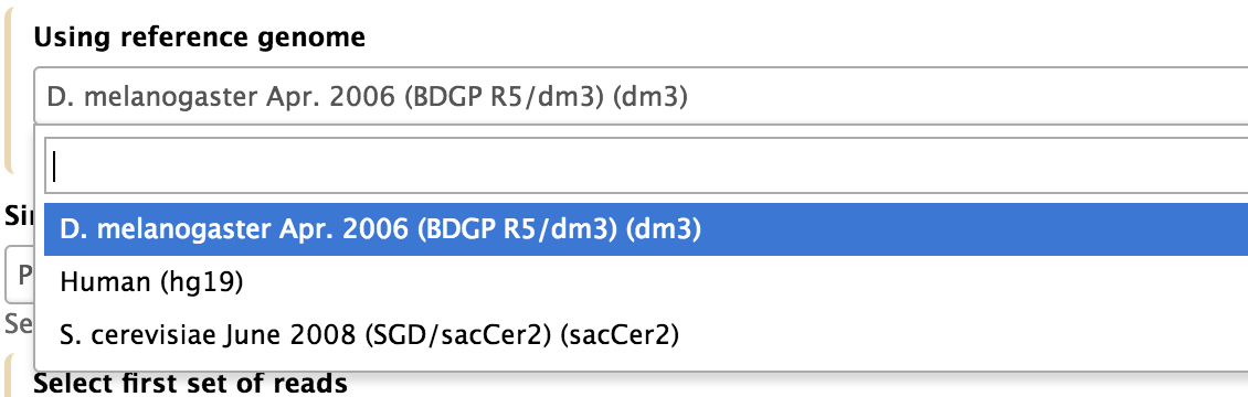 A tool interface showing many datasets provided by cvmfs and the reference data from Galaxy.