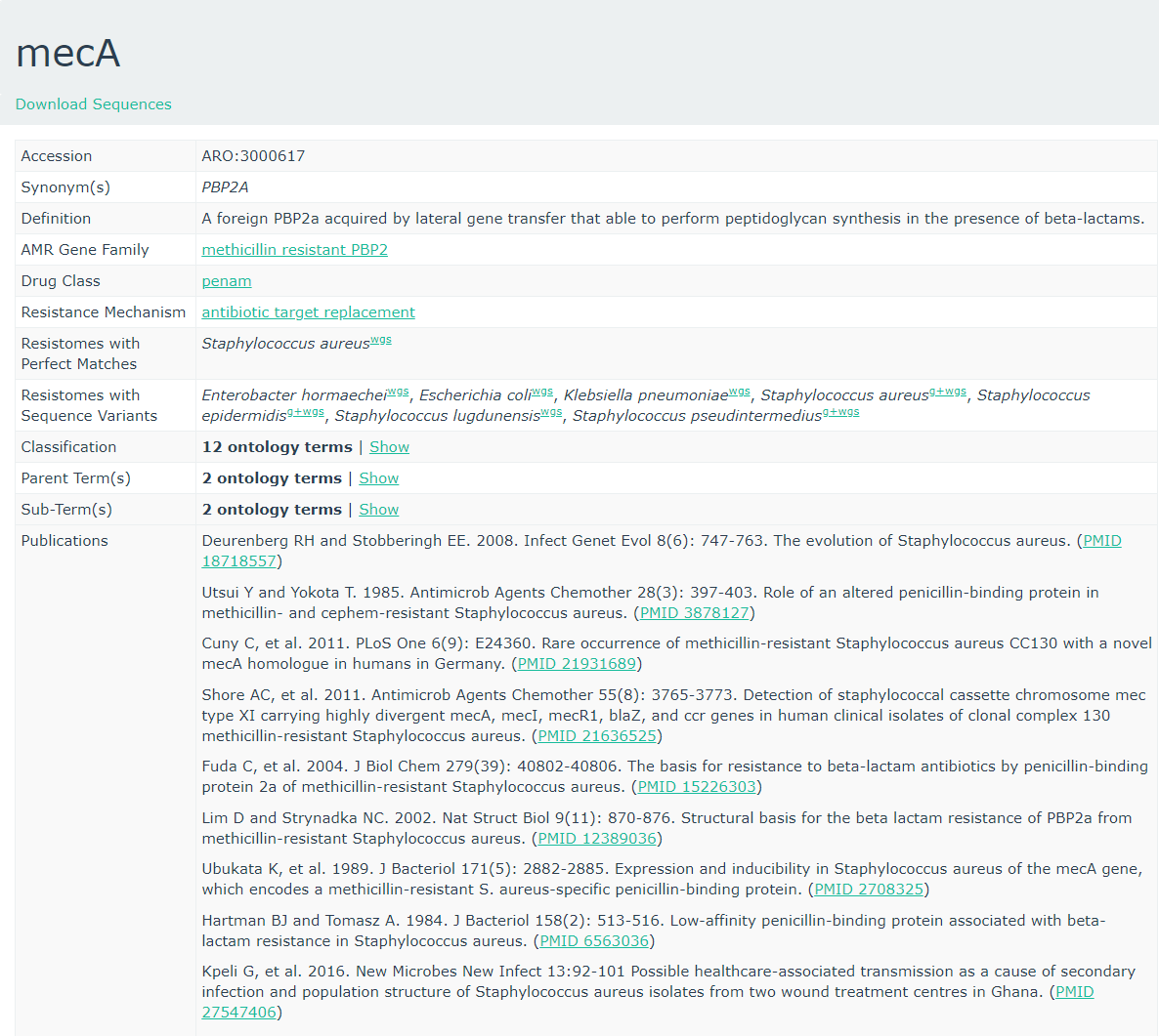 Screenshot of mecA sequence in CARD database with lots of metadata. 