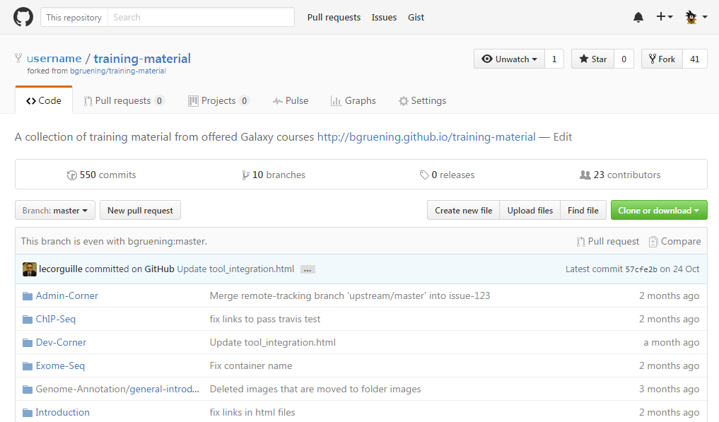 Screenshot for a fork of the training material repository. It shows that it is username/training-material and it has been forked from the upstream.