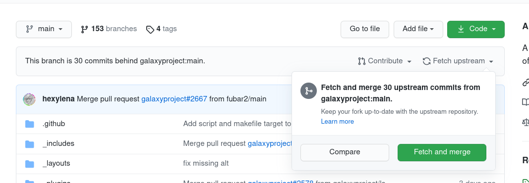 Github with the top bar of a repository shown, the button for 'Fetch Upstream' has been clicked. 