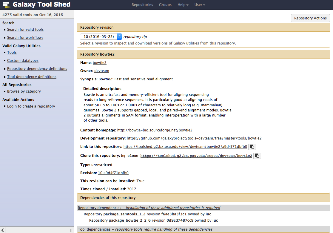 view of a repository in the toolshed showing a lot of metadata