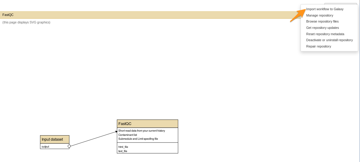 clicking on that brings you to a view of the workflow, and you can click import to galaxy on the top right