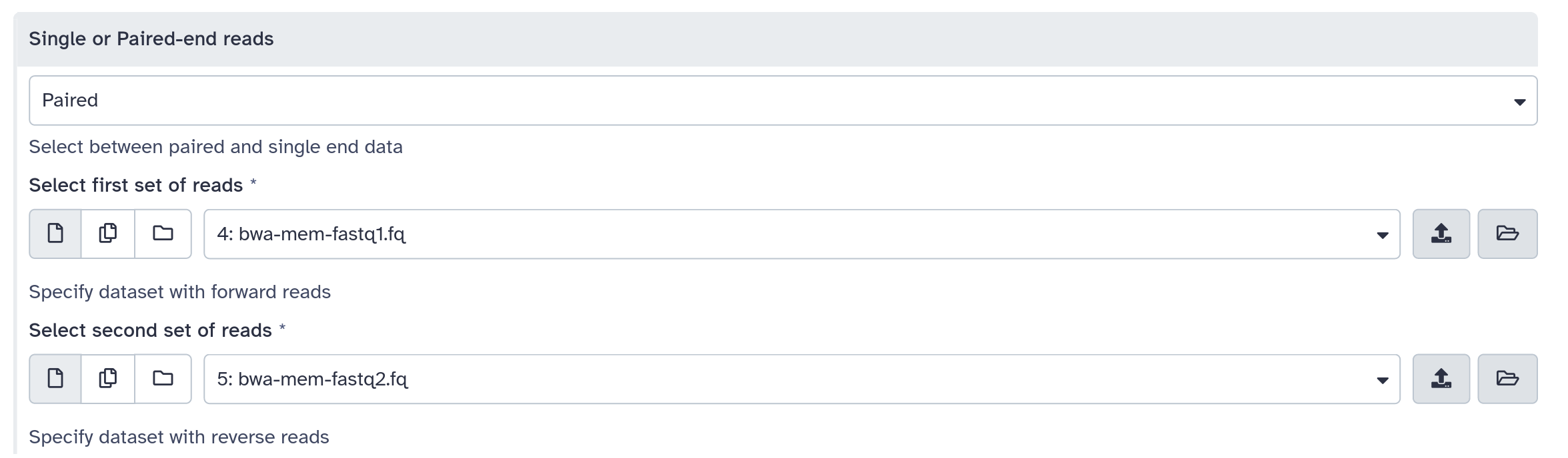 Screenshot of a conditional select box set to Paired, and two file inputs appear below it.