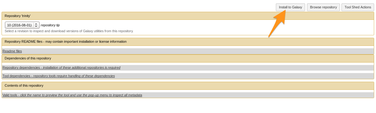toolshed page with a button install to galaxy