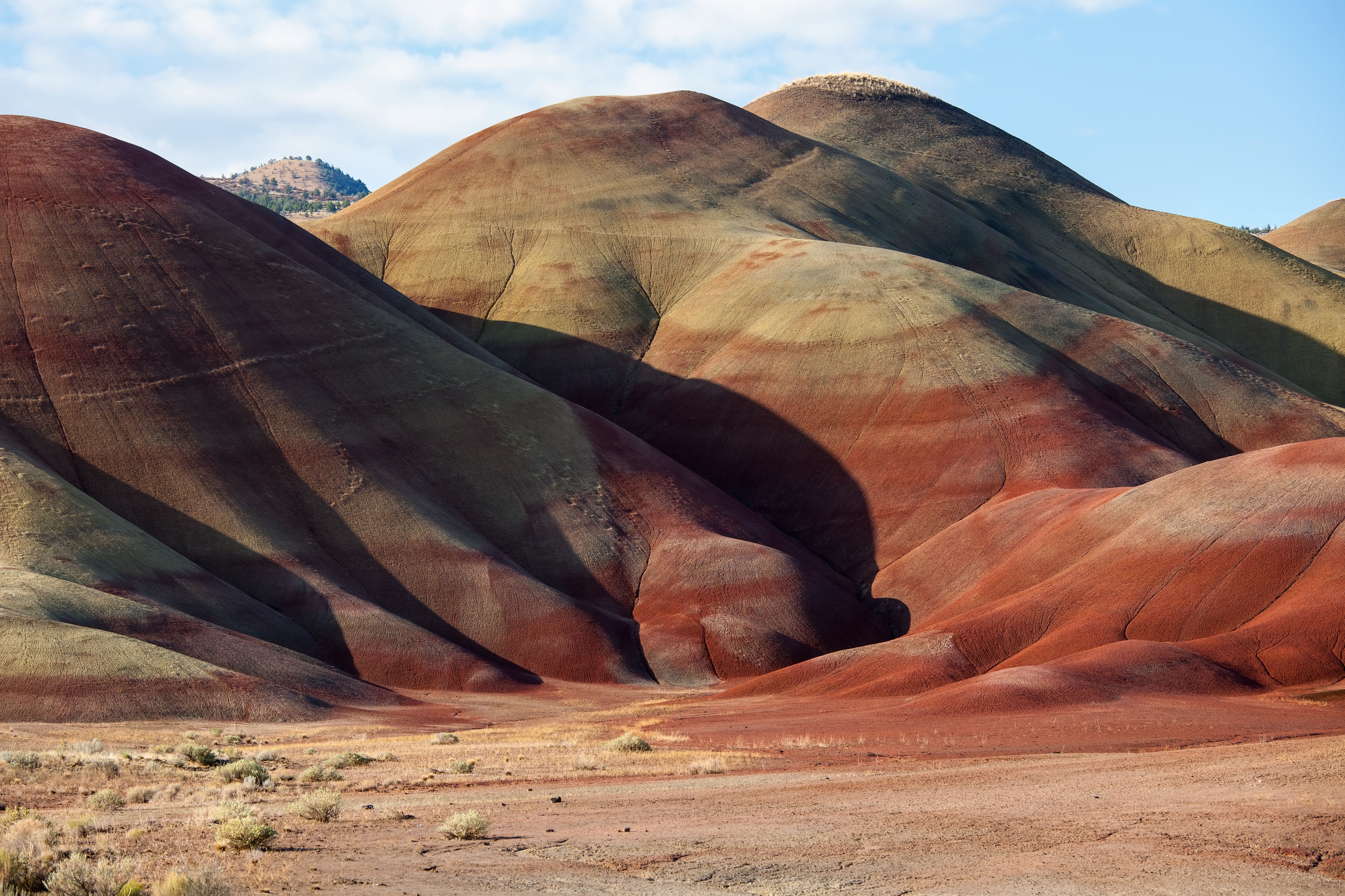 Photograph of desert landscape with multiple hills. From https://en.wikipedia.org/wiki/File:Painted_Hills_2009.08.13.11.08.52.jpg