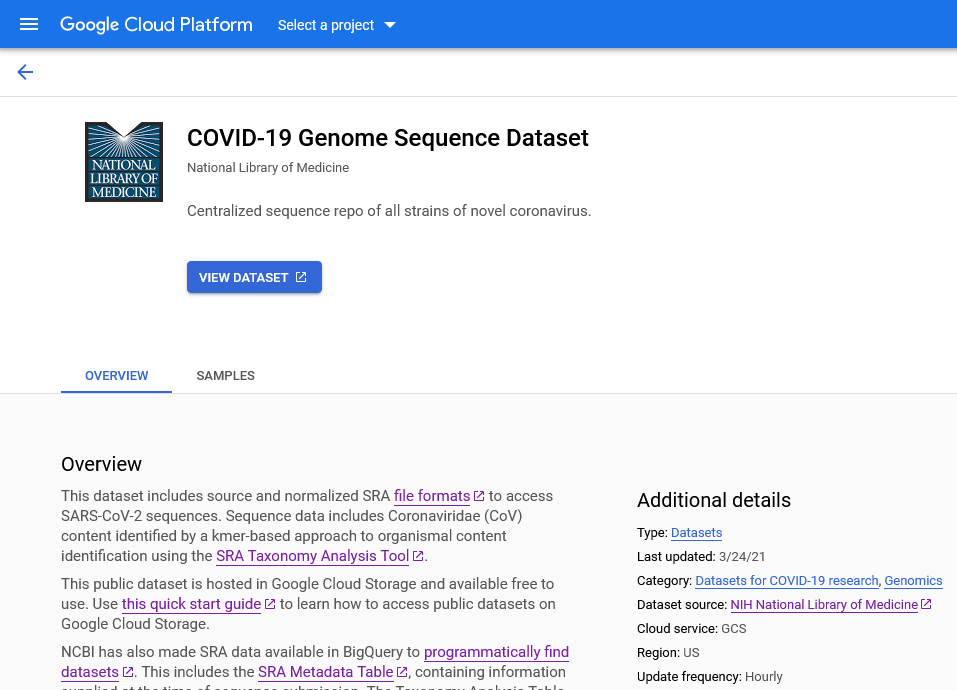 screenshot of google cloud ncbi covid-19 project website