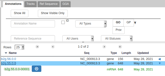 Gene list showing genes b2g.56.0.0 and b2g.55.0.0 which is expanded to reveal a child mRNA. 