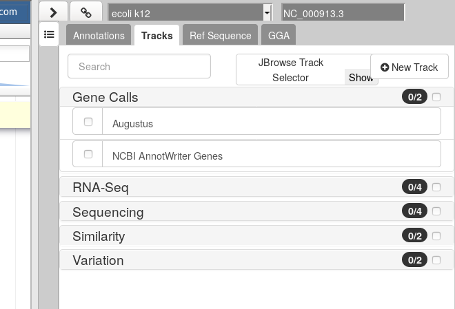 Zoomed in screenshot of the track menu with the Gene Calls set of tracks expanded showing Augustus and NCBI AnnotWriter genes.