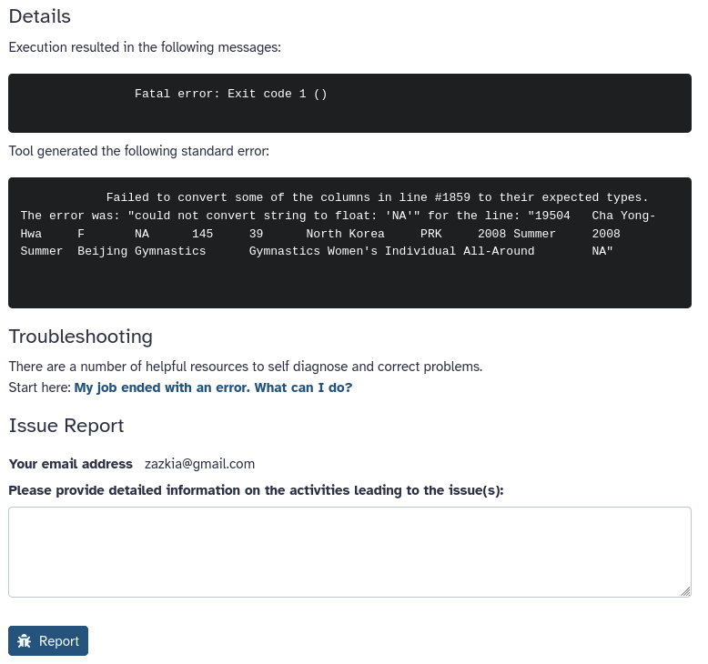 Error tab of dataset details. 