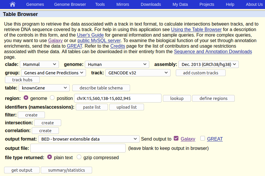 UCSC table browser tool, first screen for genes. 