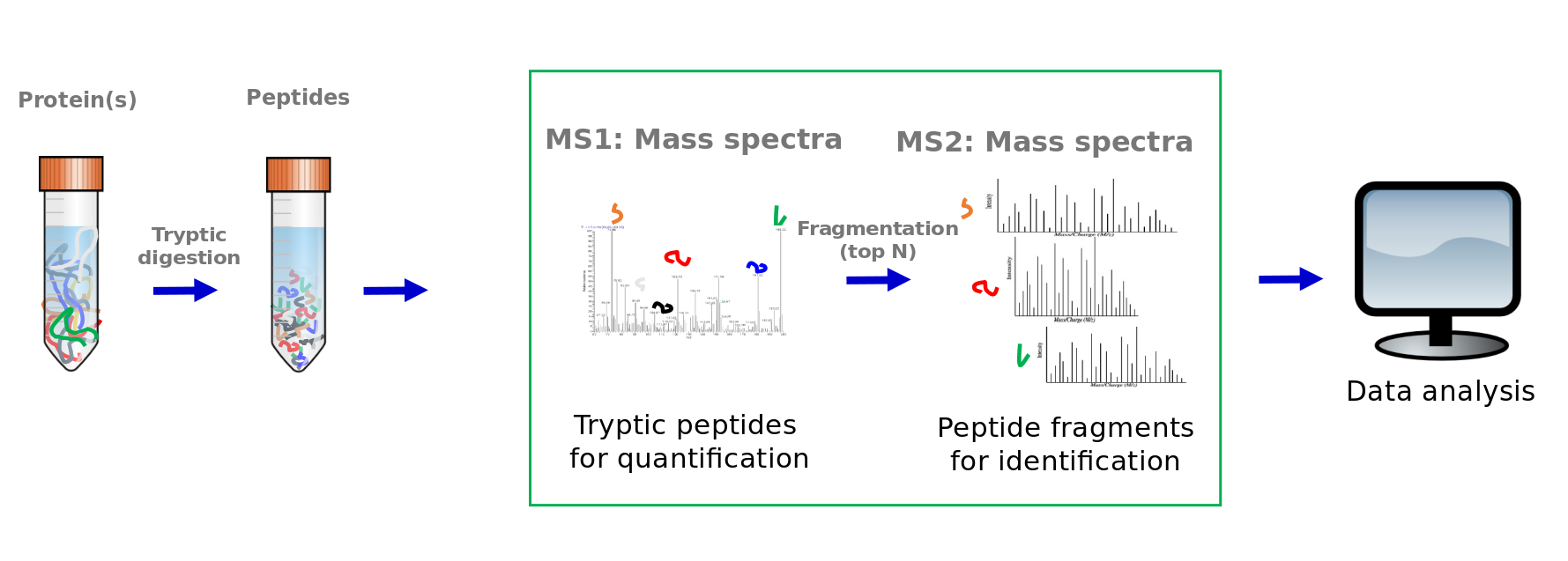 proteins in tubes, mass spec in the center, and a computer on the right.