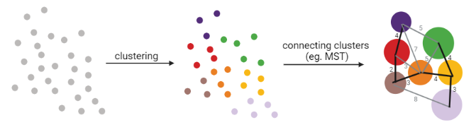 Grey set of cells getting clustered into several distinct groups, each group marked in a different colour. Coloured clusters are connected by straight lines with weights, but the chosen path is the one that minimises the total total edge weight.