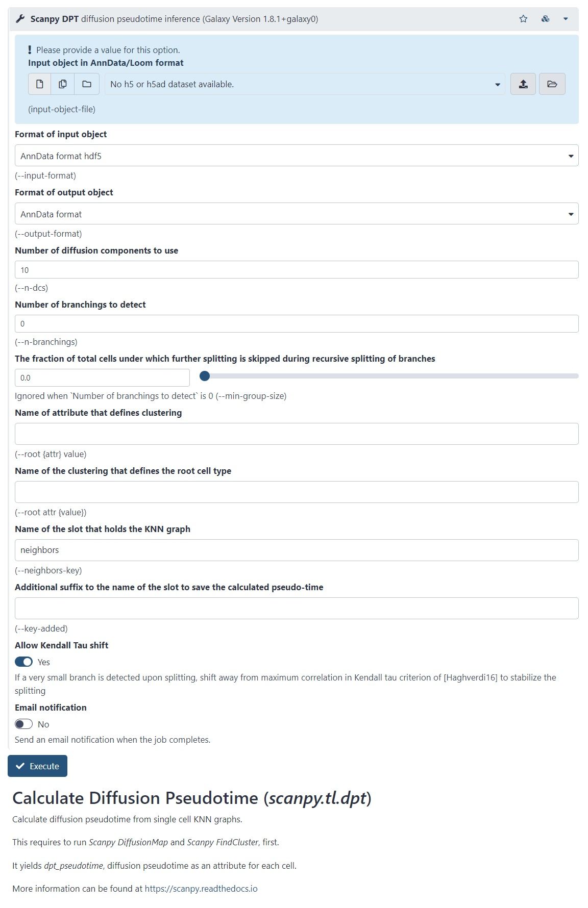 Screenshot of the interface of ‘Scanpy DPT’ Galaxy tool